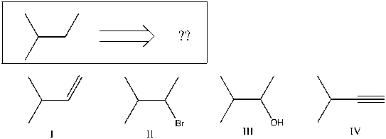 Using retrosynthetic analysis, determine which compound(s)  could lead to the alkane shown below in a single step:   A)  II or III B)  I or IV C)  I D)  III E)  IV