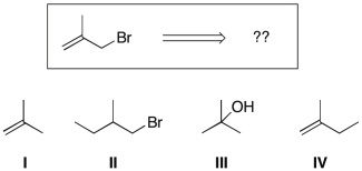 Using retrosynthetic analysis, determine which compound(s)  could lead to the bromoalkene shown below in a single step:   A)  I or III B)  I or IV C)  I D)  II E)  III F)  IV