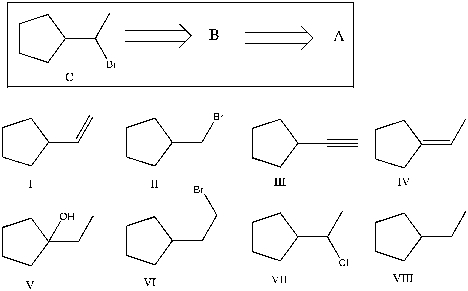 Show that you understand the concept of retrosynthetic analysis by working backwards two steps in the synthesis below. Identify possible combinations of A and B that could lead to the alkyl halide (C) :   A)  B = I and A = VIII B)  B = VI and A = I C)  B = III and A = VII D)  B = IV and A = VII E)  B = V and A = VIII