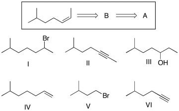 Show that you understand the concept of retrosynthetic analysis by working backwards two steps in the synthesis below. Identify possible combinations of A and B that can lead to the alkene (C) :   A)  B = I and A = IV B)  B = II and A = VI C)  B = III and A = I D)  B = I and A = VI E)  B = III and A = II