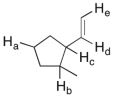 In the molecule shown below, determine which of the highlighted C-H bonds (from a to e)  is expected to have the lowest bond dissociation energy.   A)  C-H<sub>a</sub> B)  C-H<sub>b</sub> C)  C-H<sub>c</sub> D)  C-H<sub>d</sub> E)  C-H<sub>e</sub>
