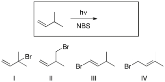 Which of the following is (are)  the likely major product(s)  of the reaction shown?   A)  I B)  II C)  III D)  I and III E)  I and IV
