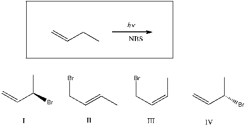 Which of the following are major products of the reaction shown?   A)  I B)  I, II C)  I, IV D)  I, III E)  I, II, III, IV