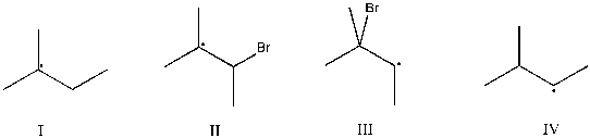 Which intermediate leads to the major product for the reaction of 2-methyl-2-butene with hydrogen bromide and hydrogen peroxide?   A)  I B)  II C)  III D)  IV