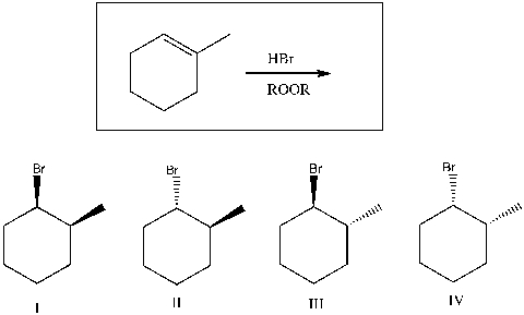Predict the product(s)  of the following reaction:   A)  I B)  II C)  III D)  I, II E)  I, II, III, IV