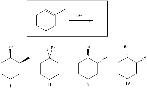 Predict the product(s)  of the following reaction:   A)  I B)  II C)  III D)  I, II E)  I, II, III, IV