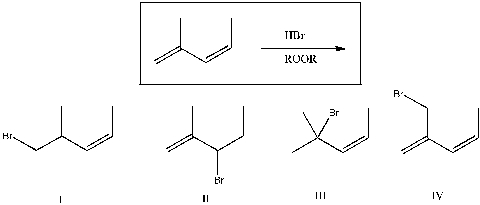 Of the four choices shown, which is likely to be a major product of the reaction below?   A)  I B)  II C)  III D)  IV