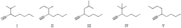 Which of the following is the structure for 3-sec-butyl-1-heptyne?   A)  I B)  II C)  III D)  IV E)  V