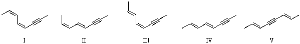 Which of the following is the structure for (2E,4E) -octa-2,4-dien-6-yne?   A)  I B)  II C)  III D)  IV E)  V