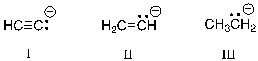 Rank the following carbanions in order of increasing base strength.   A)  I < II < III B)  II < III < I C)  III < II < I D)  III < I < II E)  II < I < III