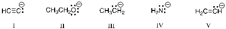 Rank the following bases in order of decreasing basicity.   A)  III > I > V > II > IV B)  III > V > IV > I> II C)  V > I > III > II > IV D)  III > IV > II > V > I E)  IV > II > I > III > V
