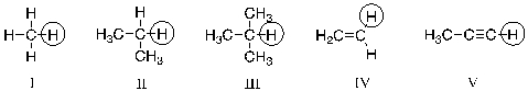 Which of the circled hydrogen atoms is the most acidic?   A)  I B)  II C)  III D)  IV E)  V