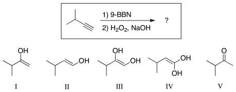 For the reaction shown, which of the compounds below would be the expected enol intermediate?   A)  I B)  II C)  III D)  IV E)  V