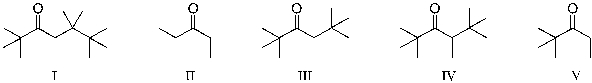 Which of the ketones below could not be prepared by an acid-catalyzed hydration of an alkyne?   A)  I B)  II C)  III D)  IV E)  V