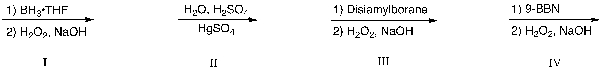 Which of the reagents below, upon completion of reaction with a terminal alkyne, would be expected to produce a ketone as the final major organic product?   A)  I and II B)  II C)  III and IV D)  I, II and IV E)  I, III and IV