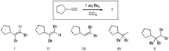 Careful addition of 1 equivalent of Br<sub>2</sub> to the alkyne shown below would be expected to produce which of the following as the major organic product?   A)  I B)  II C)  III D)  IV E)  V