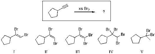 For the reaction below, select the structure of the major organic product.   A)  I B)  II C)  III D)  IV E)  V