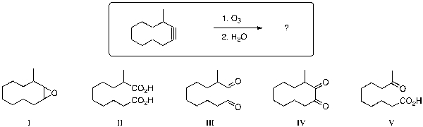 What is the expected major product of the reaction sequence shown below?   A)  I B)  II C)  III D)  IV E)  V