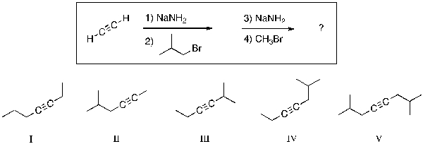 What is the expected major final product of the reaction sequence shown below?   A)  I B)  II C)  III D)  IV E)  V