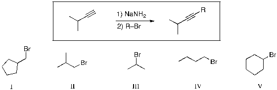 Which of the alkyl bromides listed would work as a reagent in step 2 of the reaction sequence shown, with the resulting major product being an internal alkyne?   A)  I and III B)  II and IV C)  III, IV, V D)  I, II, IV E)  II, III, V