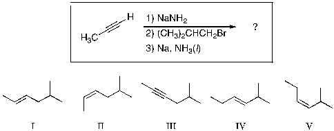 What is the final major product expected for the following reaction sequence?   A)  I B)  II C)  III D)  IV E)  V