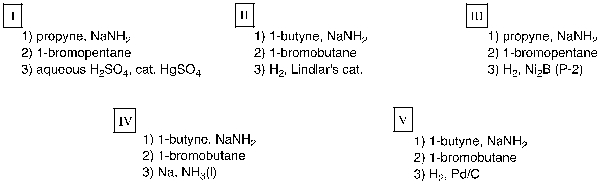 Which sequence of reactions is expected to produce cis-3-octene as the final, and major, organic product?   A)  I B)  II C)  III D)  IV E)  V