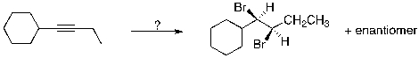 Which sequence of reactions is expected to produce the product below as the final, and major, organic product?   A)  1)  Br<sub>2</sub>; 2)  H<sub>2</sub>, Lindlar's cat. B)  1)  H<sub>2</sub>, Lindlar's cat.; 2)  Br<sub>2</sub> C)  1)  Br<sub>2</sub>; 2)  Na, NH<sub>3</sub>(l)  D)  1)  Na, NH<sub>3</sub>(l) ; 2)  Br<sub>2</sub> E)  1)  Br<sub>2</sub>, 2)  H<sub>2</sub>, Pt