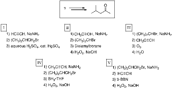 Which sequence of reactions is expected to produce the product below as the final, and major, organic product?   A)  I B)  II C)  III D)  IV E)  V