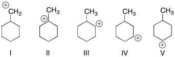 Which of the structures shown depicts the most stable carbocation intermediate formed in the hydrohalogenation reaction shown?     A)  I B)  II C)  III D)  IV E)  V