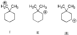 Which of the following carbocations is (are)  likely to undergo rearrangement through a methyl shift?   A)  I B)  II C)  III D)  I and II E)  II and III