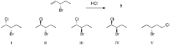 The expected major product(s)  of HCl addition to the alkene shown would be:   A)  II B)  II and III C)  I and IV D)  V E)  All of the above are equally likely to form
