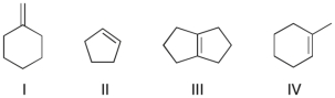 Which of the following compounds would react most rapidly with a dilute aqueous solution of H<sub>2</sub>SO<sub>4</sub>?   A)  I B)  II C)  III D)  IV