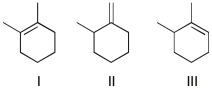 The three compounds below can form a carbocation under aqueous acidic conditions. Which ones will form the same carbocation?   A)  I and II B)  I and III C)  II and III D)  All three will form the same carbocation
