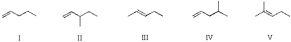 Which alkene would yield 3-methylpentane upon subjection to catalytic hydrogenation?   A)  I B)  II C)  III D)  IV E)  V