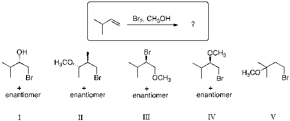 What is the expected major product for the following reaction?   A)  I B)  II C)  III D)  IV E)  V