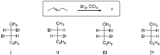 Which of the statements is most correct regarding the products expected from the halogenation reaction shown below?   A)  Equal amounts of I and II are produced. B)  Equal amounts of III and IV are produced. C)  Equal amounts of I and IV are produced. D)  Equal amounts of II and III are produced. E)  Equal amounts of I and III are produced.