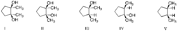 Treatment of 1,2-dimethylcyclopentene with OsO<sub>4</sub>, followed by aqueous NaHSO<sub>3</sub>, produces which of the following:   A)  I B)  II C)  III D)  IV E)  V
