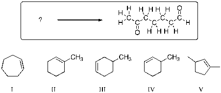 Of the alkenes shown, which would produce the product shown below, upon treatment with ozone, followed by zinc metal and water?   A)  I B)  II C)  III D)  IV E)  V