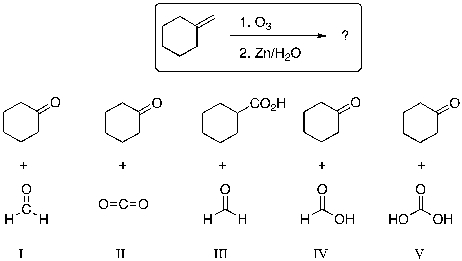 What are the expected major products from the reaction sequence shown below?   A)  I B)  II C)  III D)  IV E)  V
