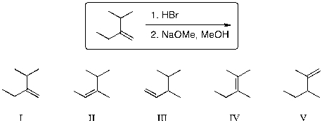 For the reaction sequence shown, what is the expected major product?   A)  I B)  II C)  III D)  IV E)  V