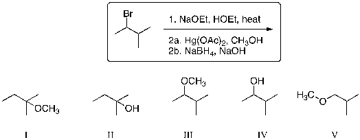 What is the expected major product of the following reaction sequence?   A)  I B)  II C)  III D)  IV E)  V
