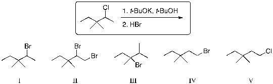 What is the expected major product of the following reaction sequence?   A)  I B)  II C)  III D)  IV E)  V
