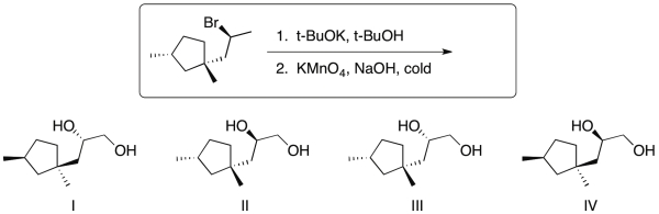 For the following reaction sequence, identify the expected major organic products and provide their stereochemical relationship.   A)  I and II; enantiomers B)  III and IV; enantiomers C)  I and II; diastereomers D)  II and III; diastereomers E)  III and IV; diastereomers