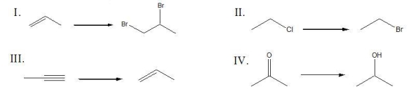 Which of the following is a substitution reaction?   A)  I B)  II C)  III D)  IV