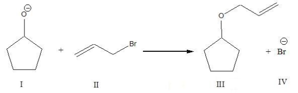 For the following reaction, label the nucleophile, electrophile, and leaving group.  