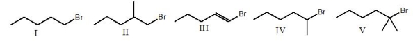 Which of the following alkyl halides will undergo the fastest S<sub>N</sub>2 reaction?   A)  I B)  II C)  III D)  IV E)  V