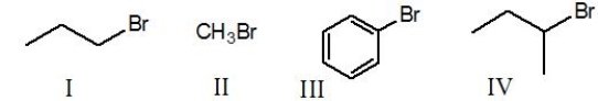 Rank the following compounds from most to least reactive in an S<sub>N</sub>2 reaction.   A)  I>IV>II>III B)  II>I>IV>III C)  III>IV>I>II D)  IV>I>II>III E)  IV>III>I>II