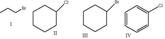 Rank the following compounds from most to least reactive in an S<sub>N</sub>2 reaction.   A)  I>IV>II>III B)  II>I>IV>III C)  III>IV>I>II D)  I>III>II>IV E)  IV>III>I>II