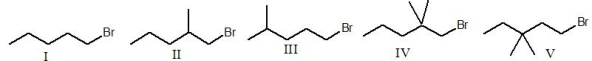 Which of the following alkyl halides will undergo the slowest S<sub>N</sub>2 reaction?   A)  I B)  II C)  III D)  IV E)  V