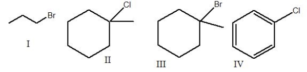 Rank the following compounds from most to least reactive in an S<sub>N</sub>1 reaction.   A)  I>IV>II>III B)  II>III>I>IV C)  III>II>I>IV D)  I>III>II>IV E)  IV>III>I>II
